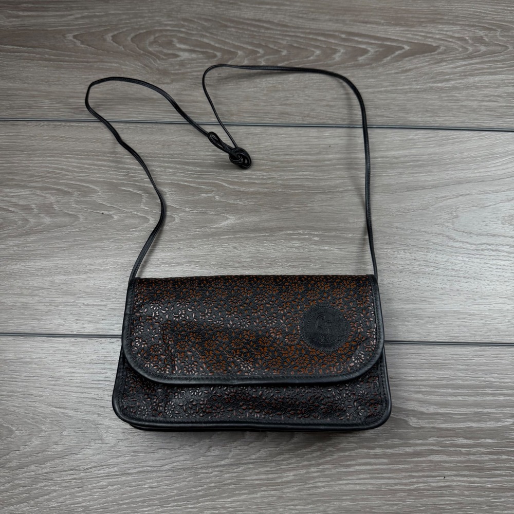 Carlos Falchi Womens Crossbody Bag Floral Laser Cut Leather Black Brown Small